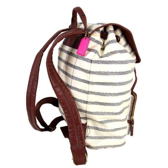 Fossil WHITE GRAY COATED CANVAS BROWN LEATHER TRIM HANDLES SHOULDER BAG BACKPACK - Picture 6 of 16